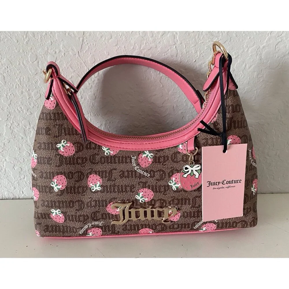 Juicy Couture Berry Sweet Hobo Bag Chestnut Chino‎ W/Strawberry Charm NEW